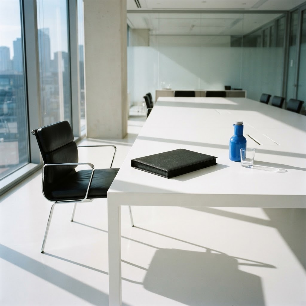 Minimalist conference table with a black folder and a blue accent piece