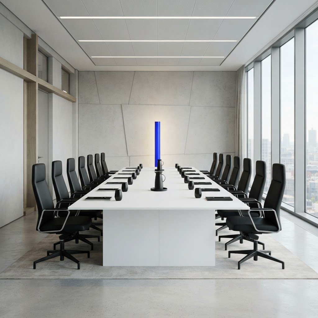 Modern minimalist boardroom with empty chairs and a single blue accent