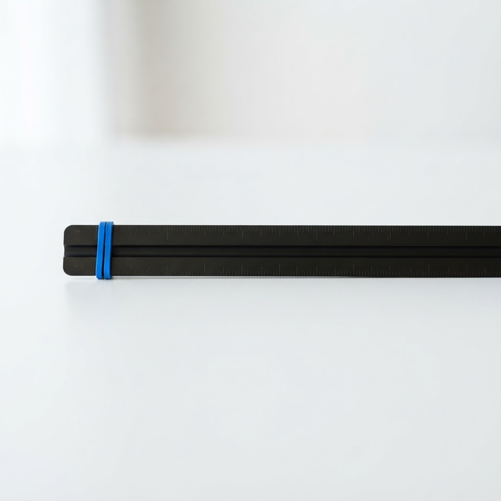 A metal ruler on a white desk with a blue rubber band