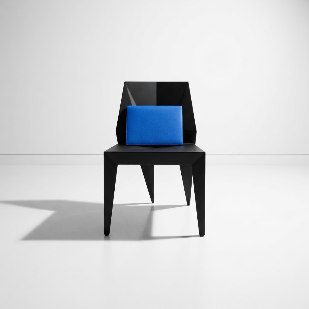 A minimalist black chair with a blue portfolio on a white floor