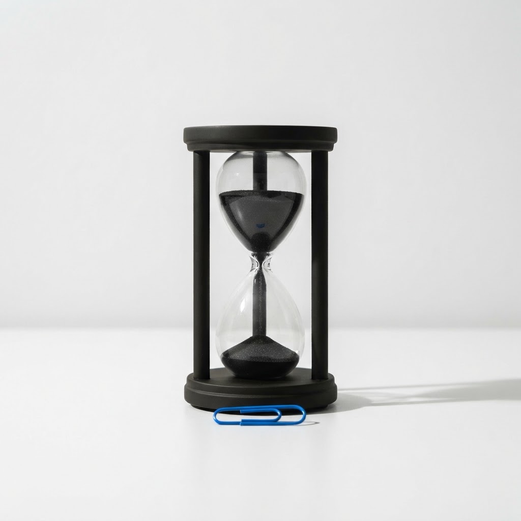 An analog hourglass sitting on a white desk with a single blue paperclip