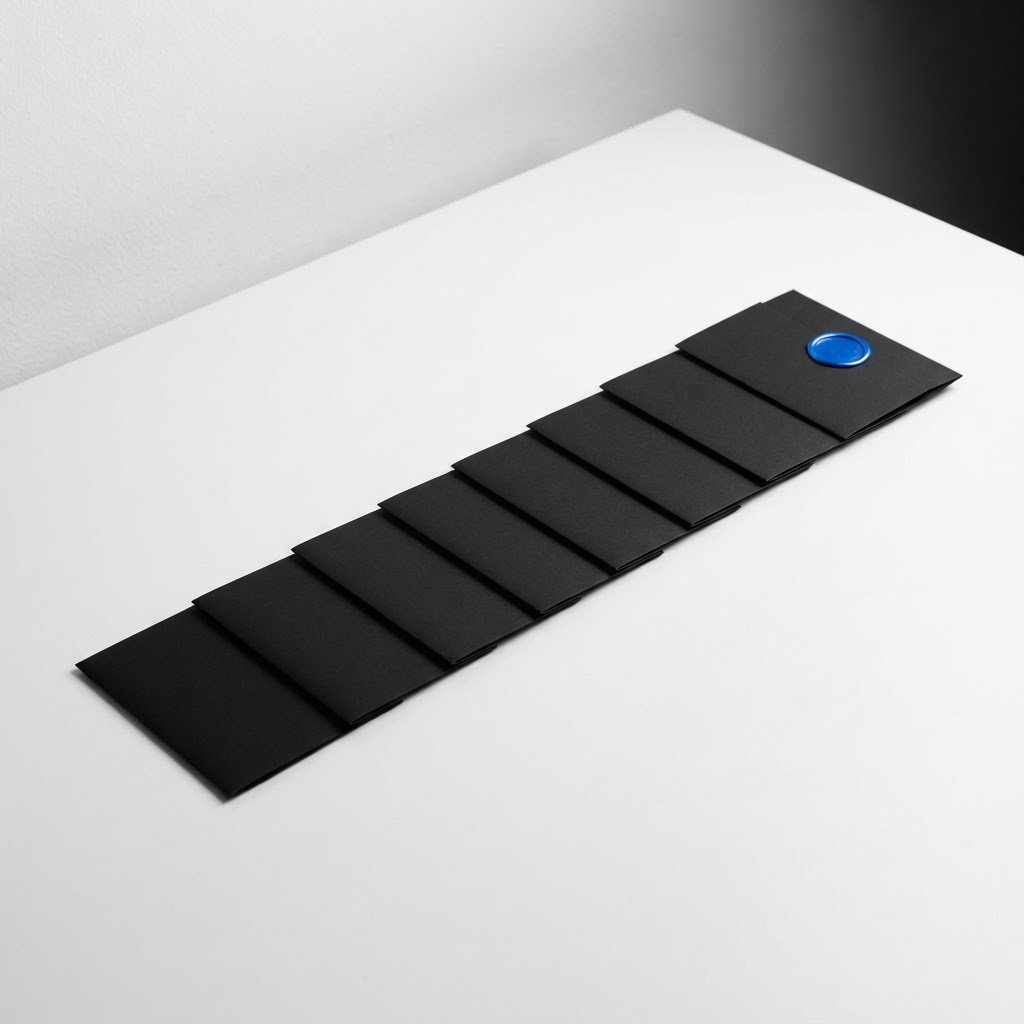 Eleven black card stock sleeves on a white desk with a blue seal