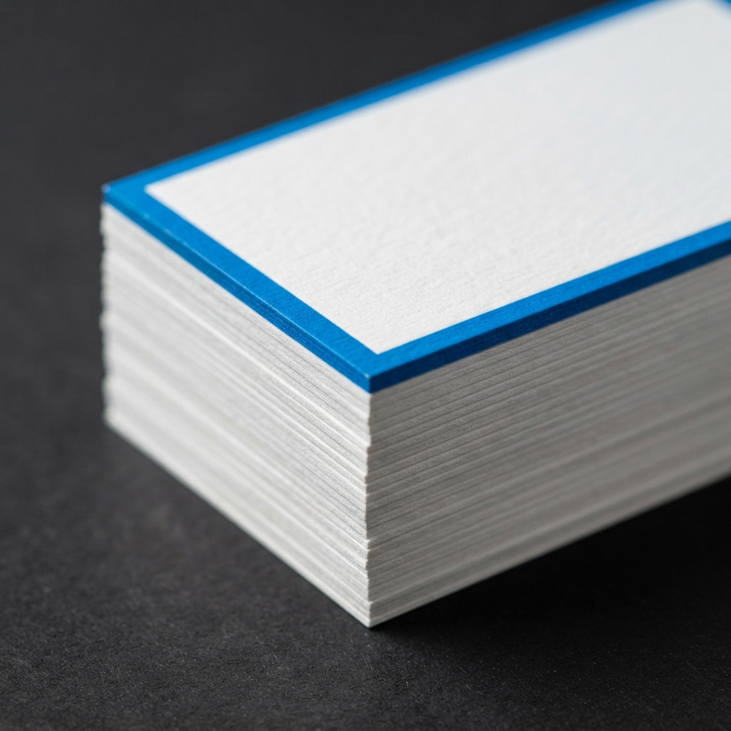 Stack of clean white business cards with a vibrant blue accent edge