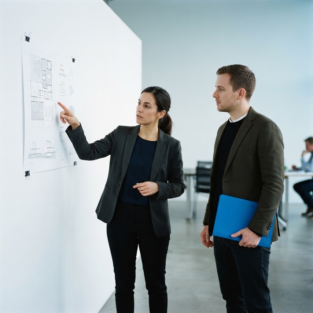 Two professionals collaborating in a modern office strategy session