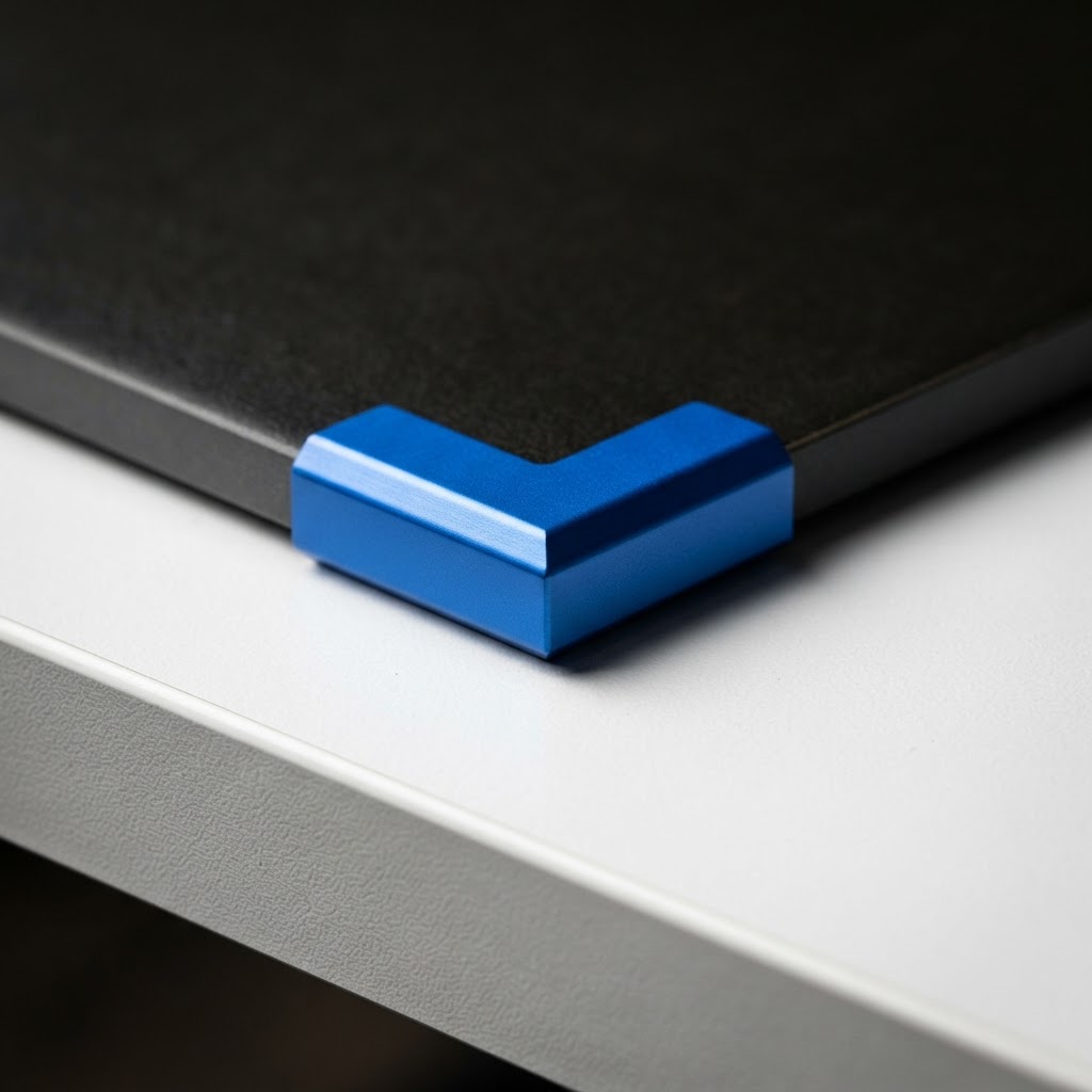 Macro view of a near-black tile with a blue corner guard