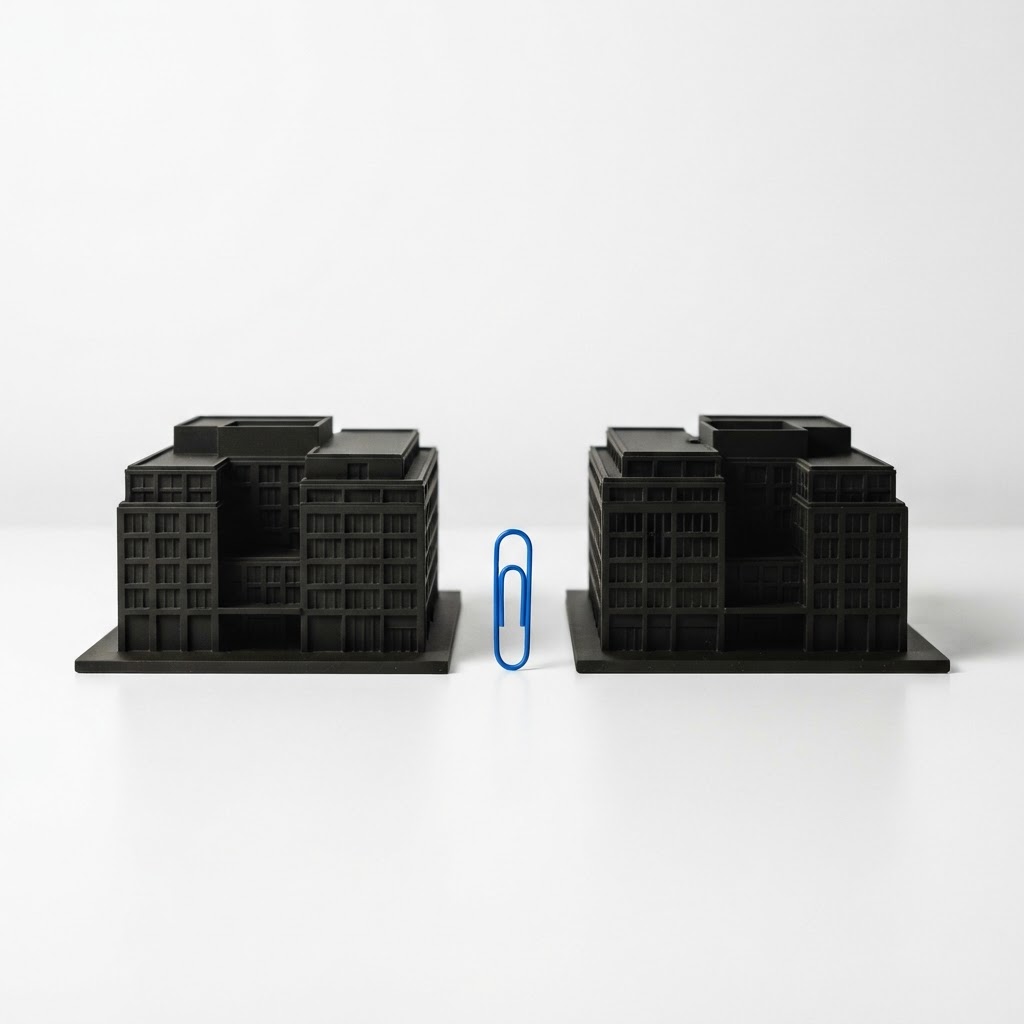 Two architectural models side by side with a blue paperclip