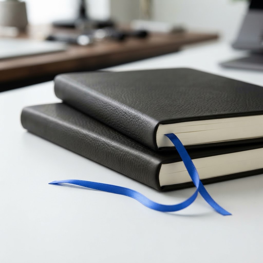 Two closed near-black journals on a white table