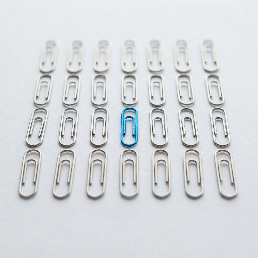 Geometric pattern of silver paper clips with one blue accent