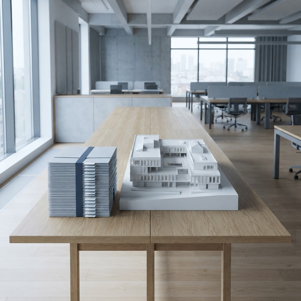 Minimalist architectural model and organized folders