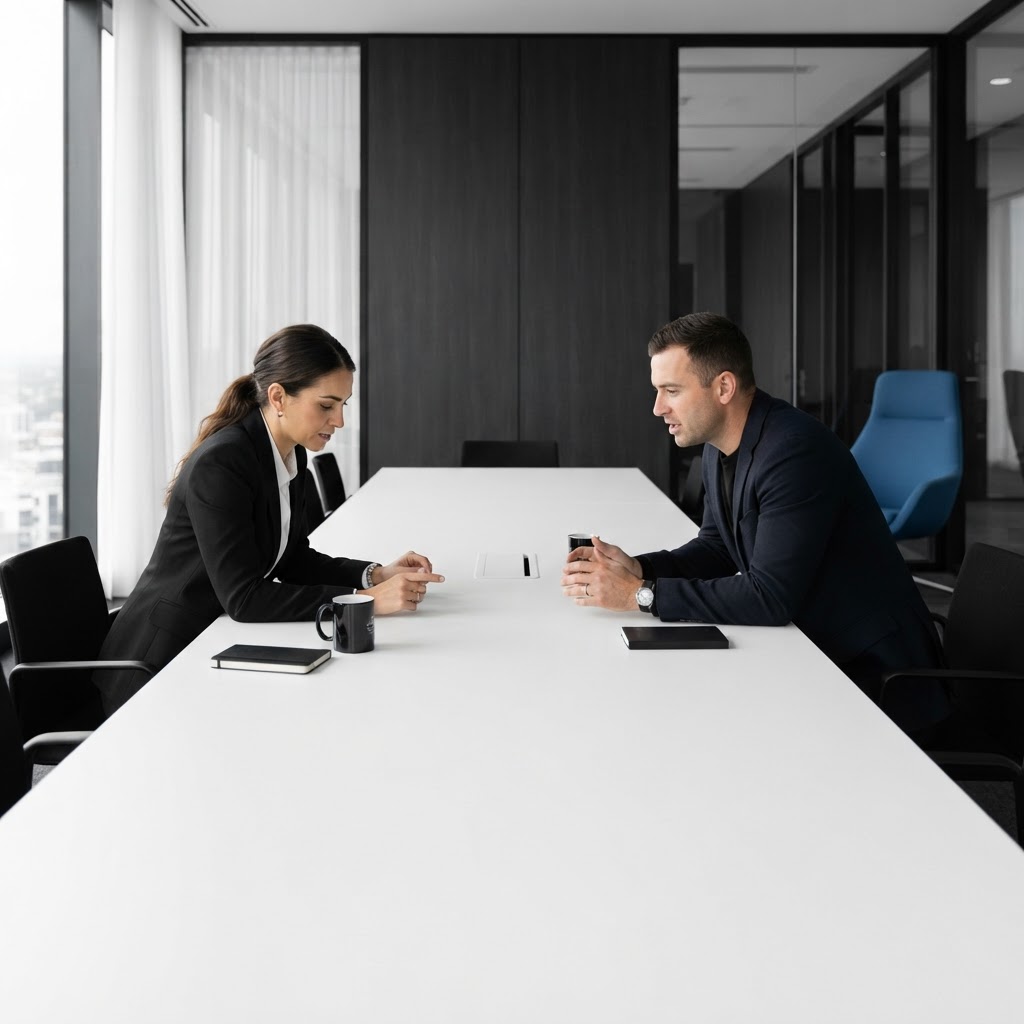 Two professionals in a strategic boardroom conversation