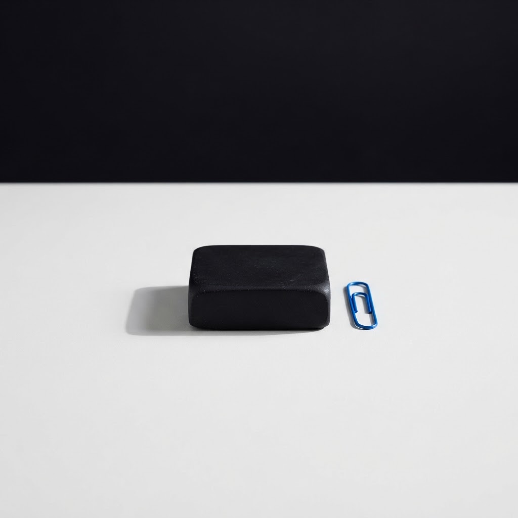 A black stone paperweight and a single blue paperclip on a white desk
