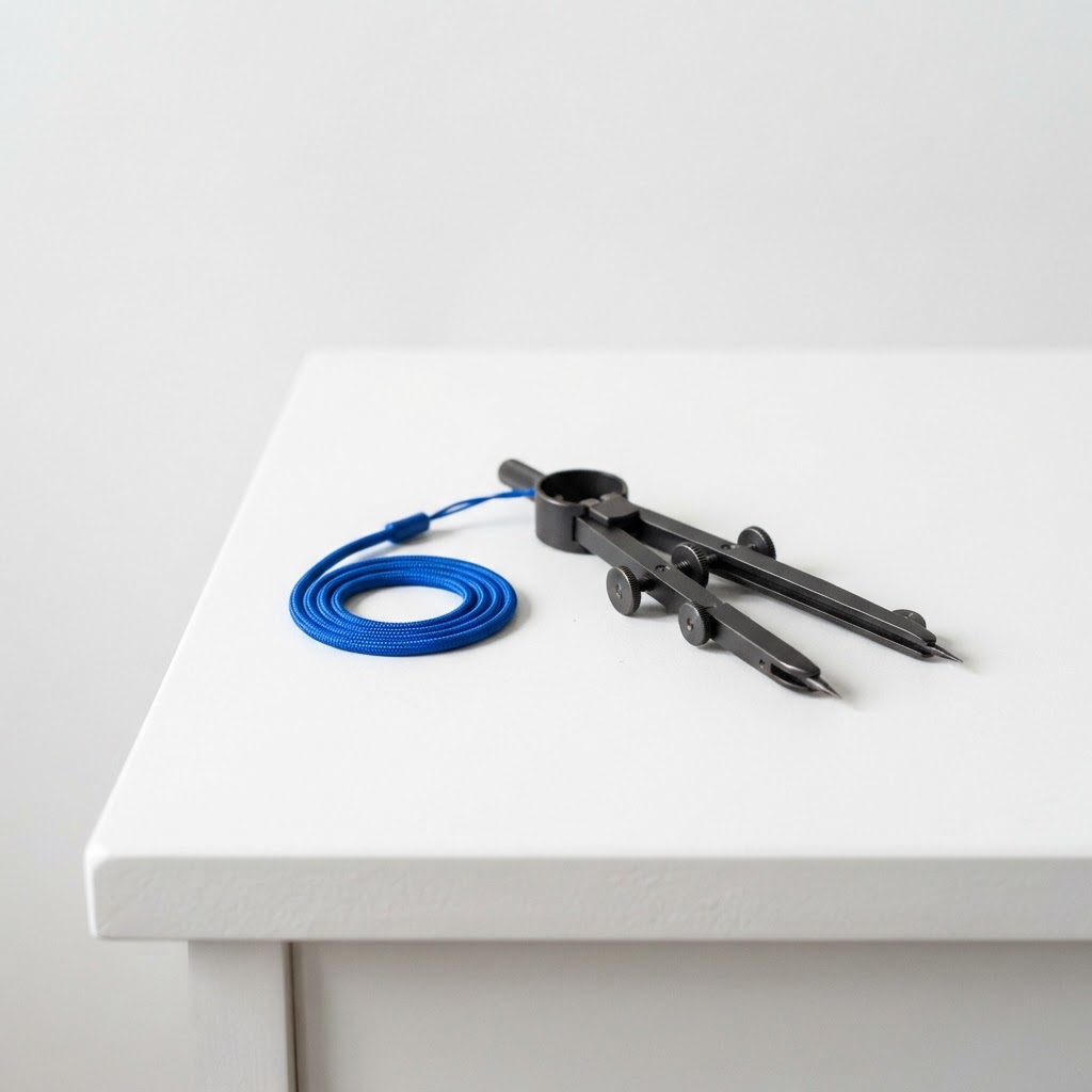 A high contrast minimalist architectural compass with a blue lanyard on a white desk