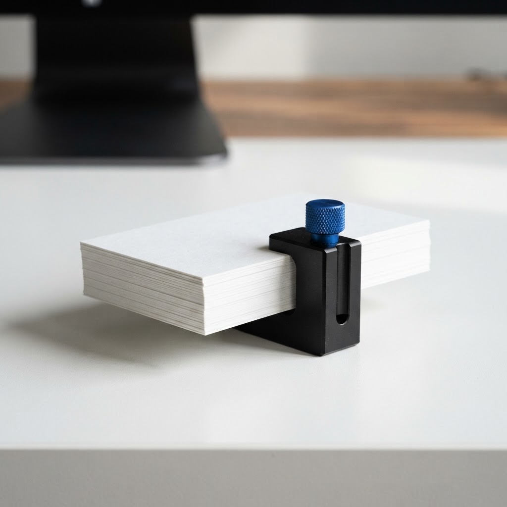A stack of white cards held by a matte black industrial clamp with a blue knob