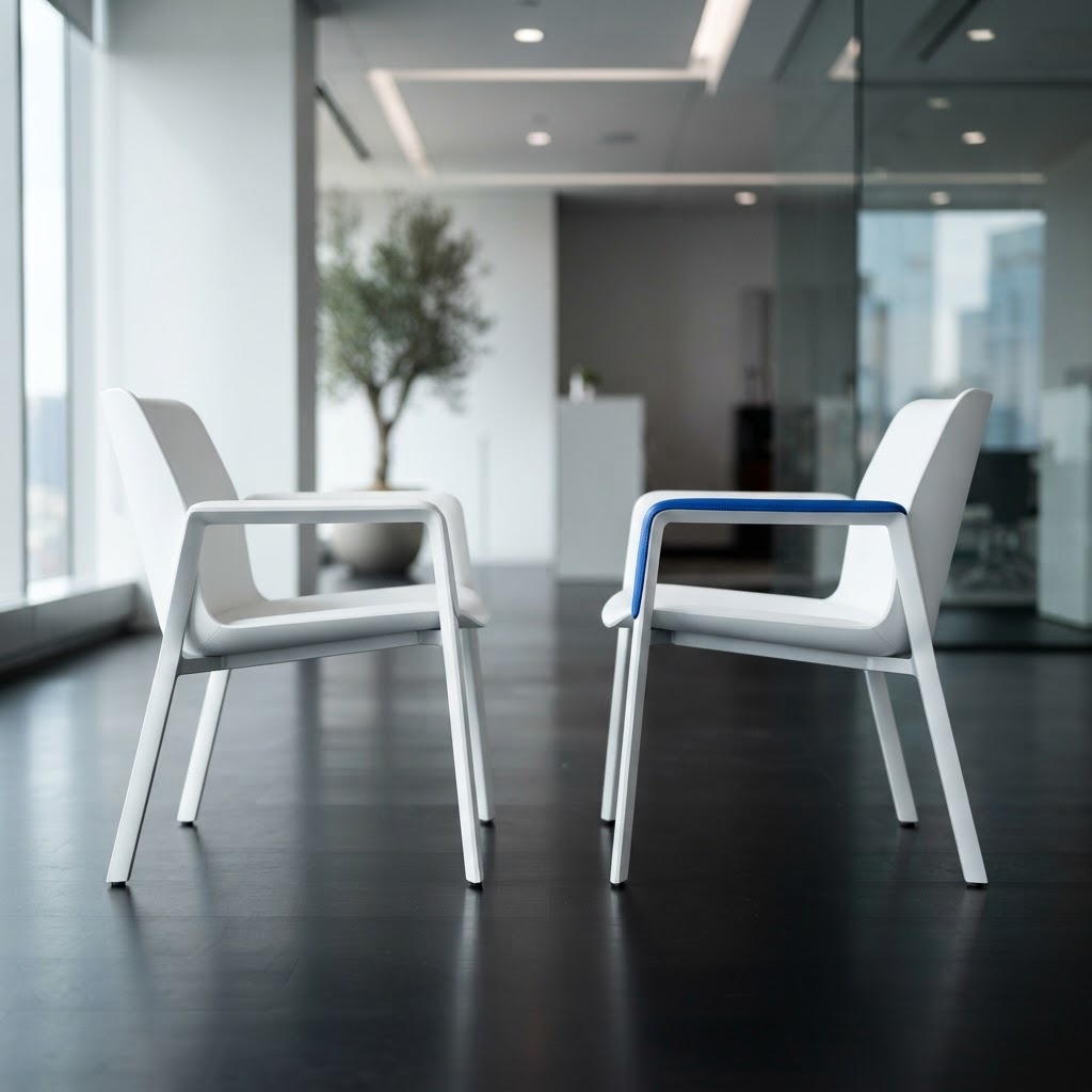 Two modern white chairs facing each other with a blue accent trim