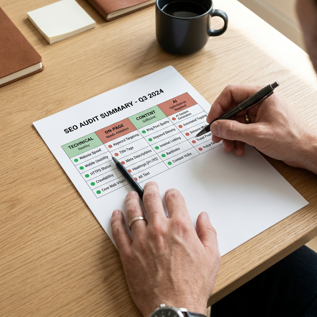 Hand reviewing printed SEO audit with category breakdown