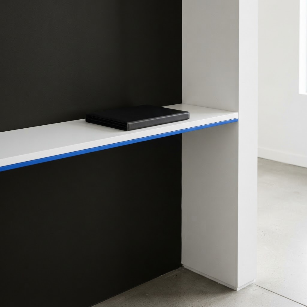 A near-black document case on a white floating shelf