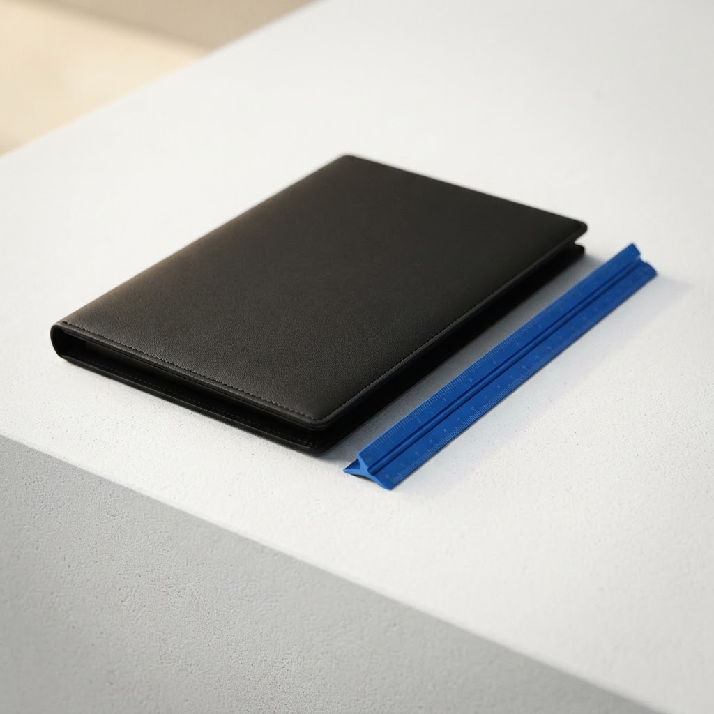 A near-black portfolio and electric-blue ruler on a white desk