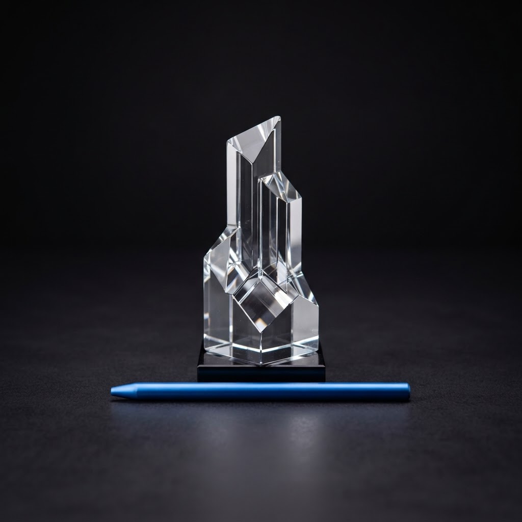 A glass sculpture on a dark surface with a blue stylus