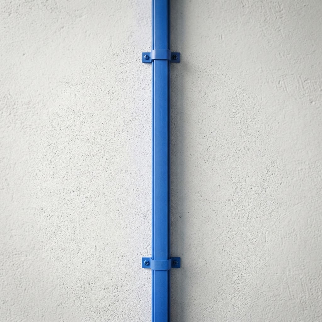 Close up of an electric blue conduit on a white wall