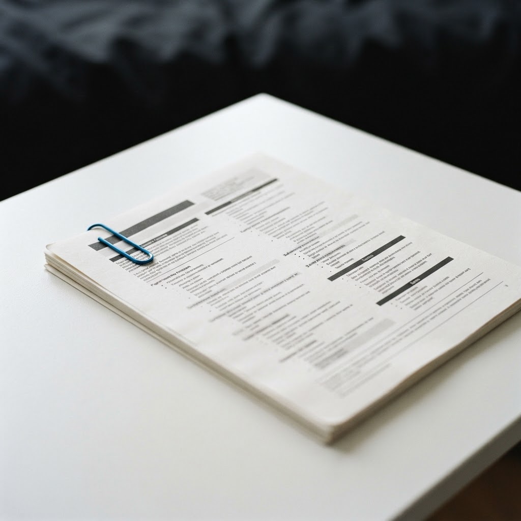 Close up of a structured document with organized headings