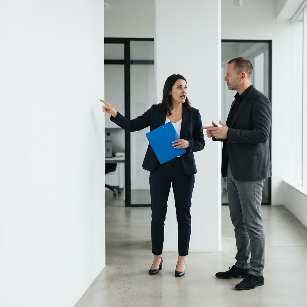 Two professionals collaborating in a minimalist office space