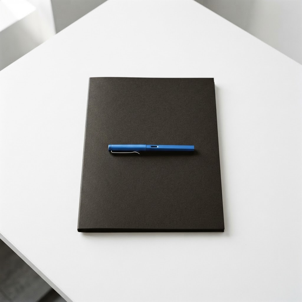 A single dark executive folder with a blue pen