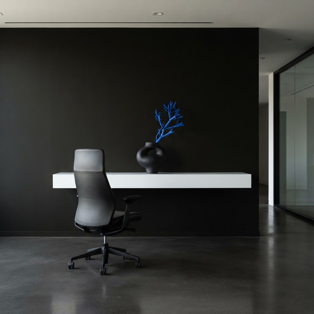 Minimalist office interior with blue accent decor