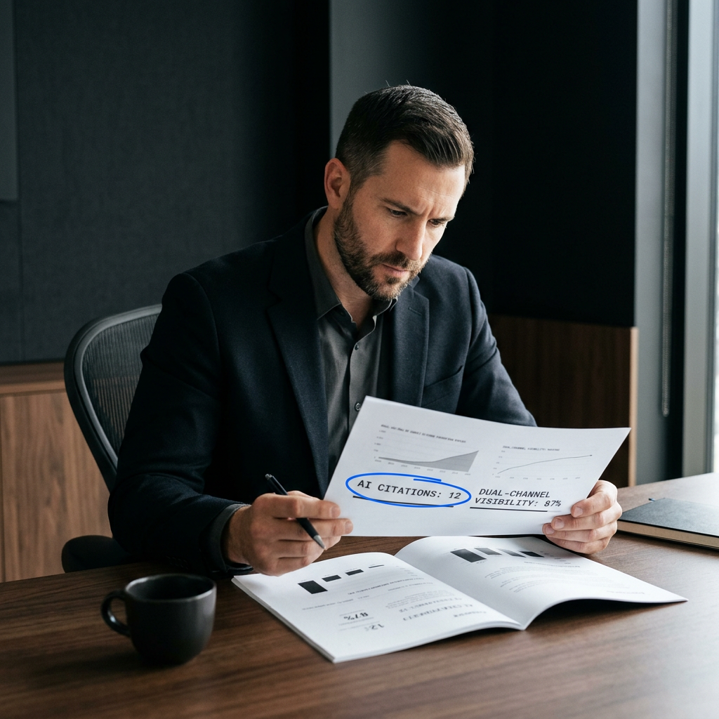 Marketing leader reviewing AI citation and visibility data