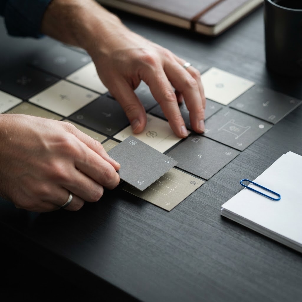 Hands organizing content strategy framework cards