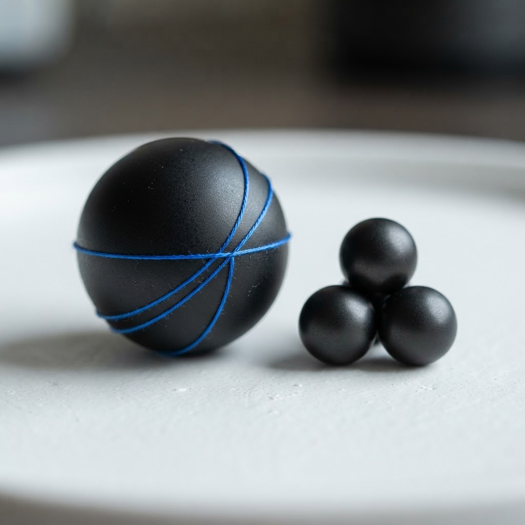 Strategic arrangement of geometric metal objects with blue accent