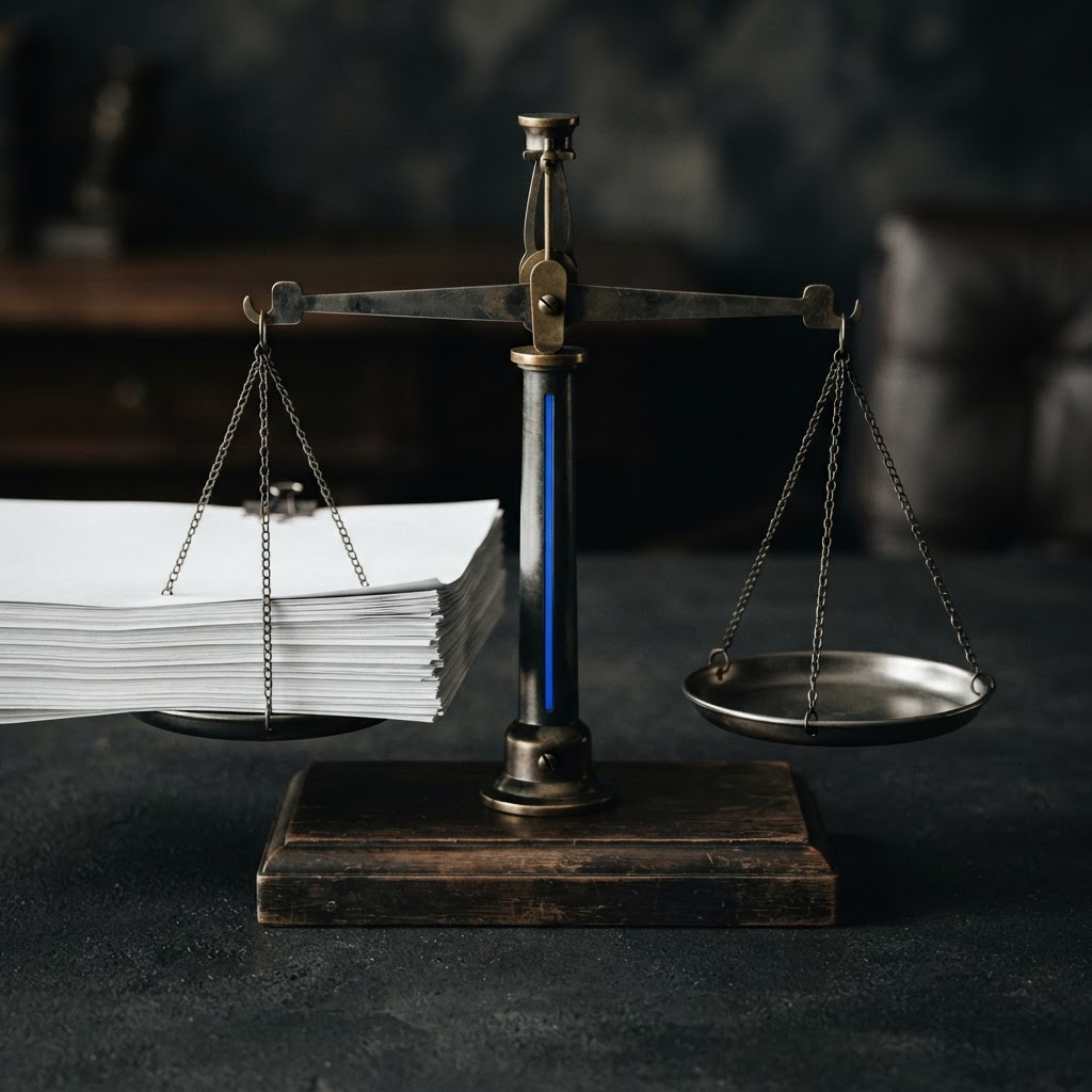 A physical scale with documents on one side