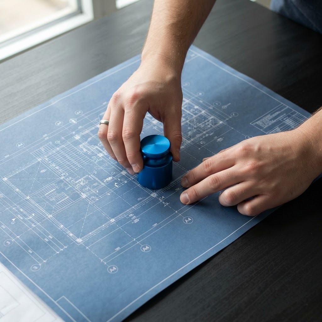 Hands placing a blue paperweight on a technical blueprint