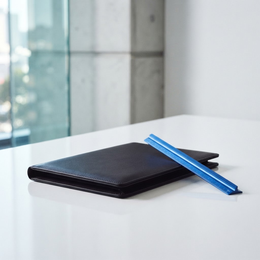 Closed leather portfolio with an electric blue ruler