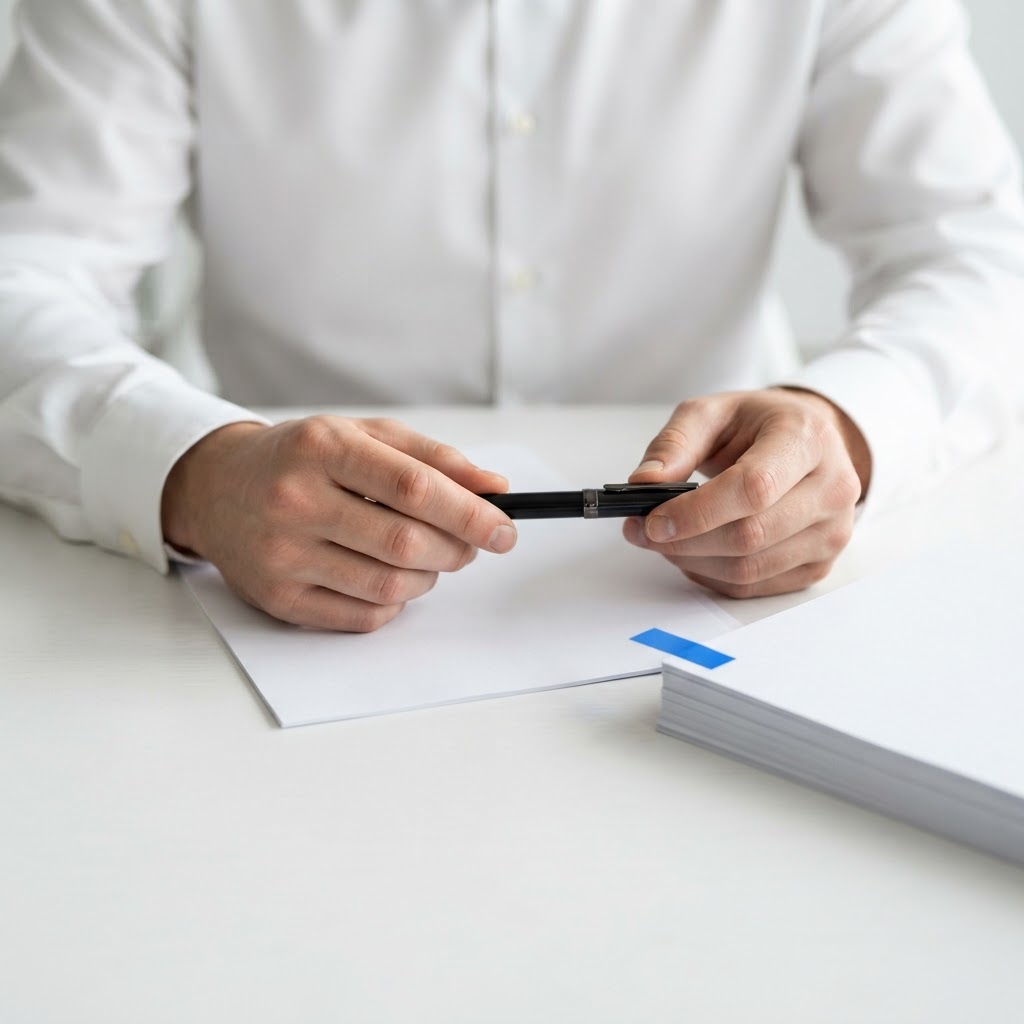 Hands holding a pen over white papers with an accent tab