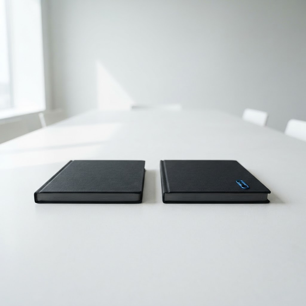 Two closed near-black journals on a white boardroom table