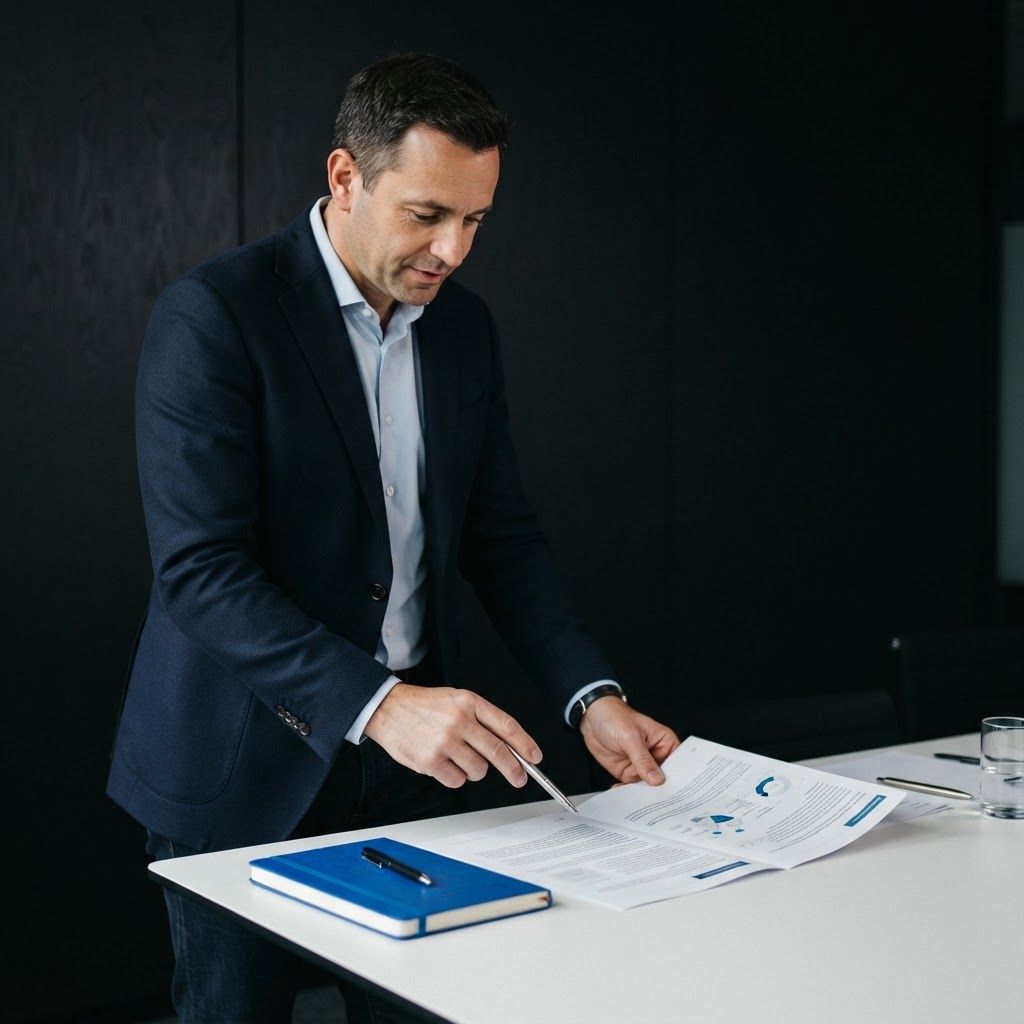 B2B strategist reviewing a professional document