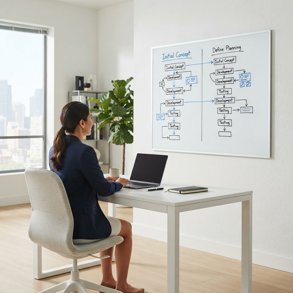 Professional in a modern office with a strategy whiteboard