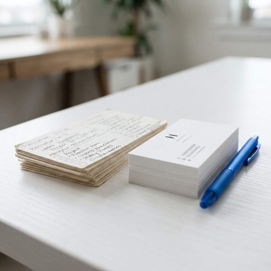 Professional notes and business cards on a white desk