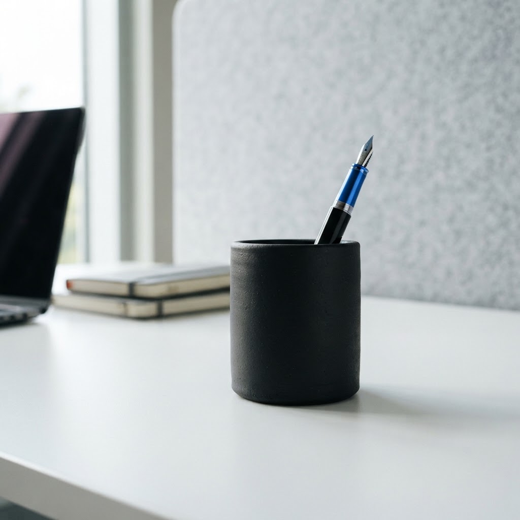 A minimalist black desk accessory with a blue trimmed pen
