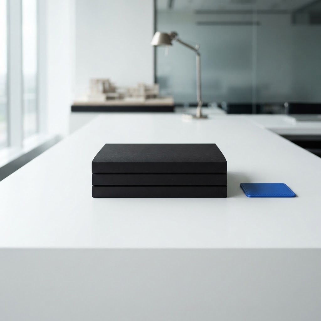 A stack of black folders with a blue coaster on a white desk