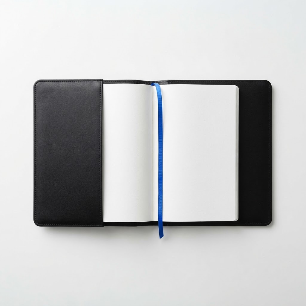 An open black executive folder with a blue ribbon bookmark