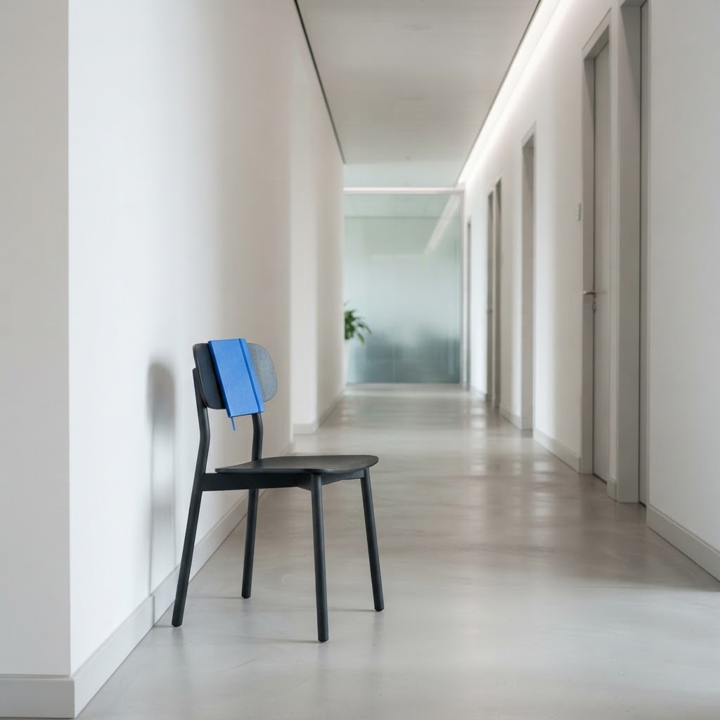 Minimalist chair with a blue notebook