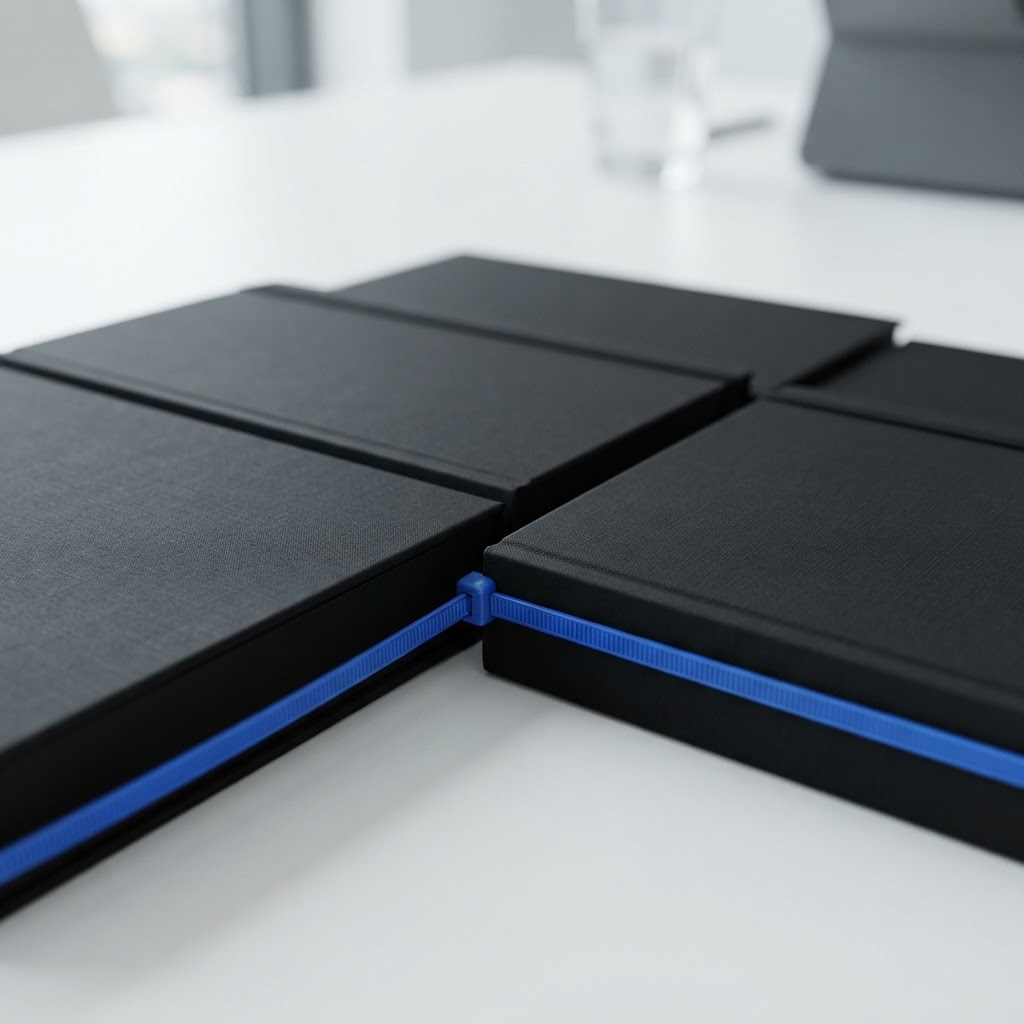 Notebooks arranged with a blue cable tie