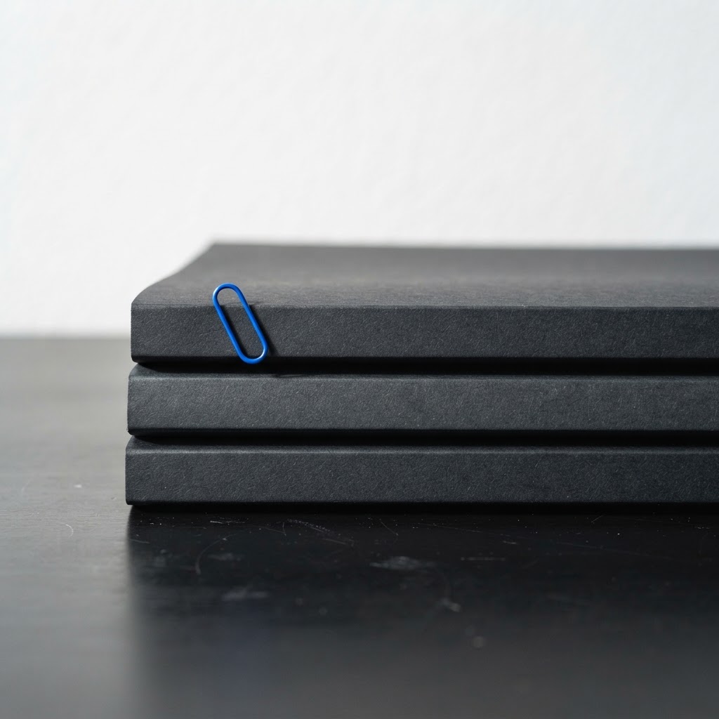 Premium folders stacked with a single blue paperclip