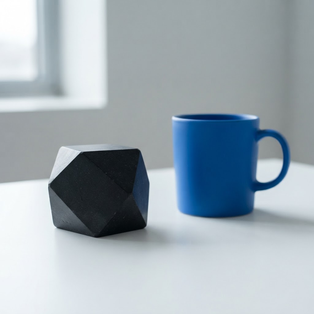 A black geometric paperweight and a blue mug on a white desk