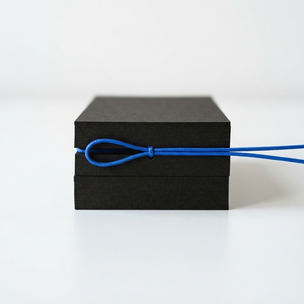 Three dark index cards with a vibrant blue cord detail