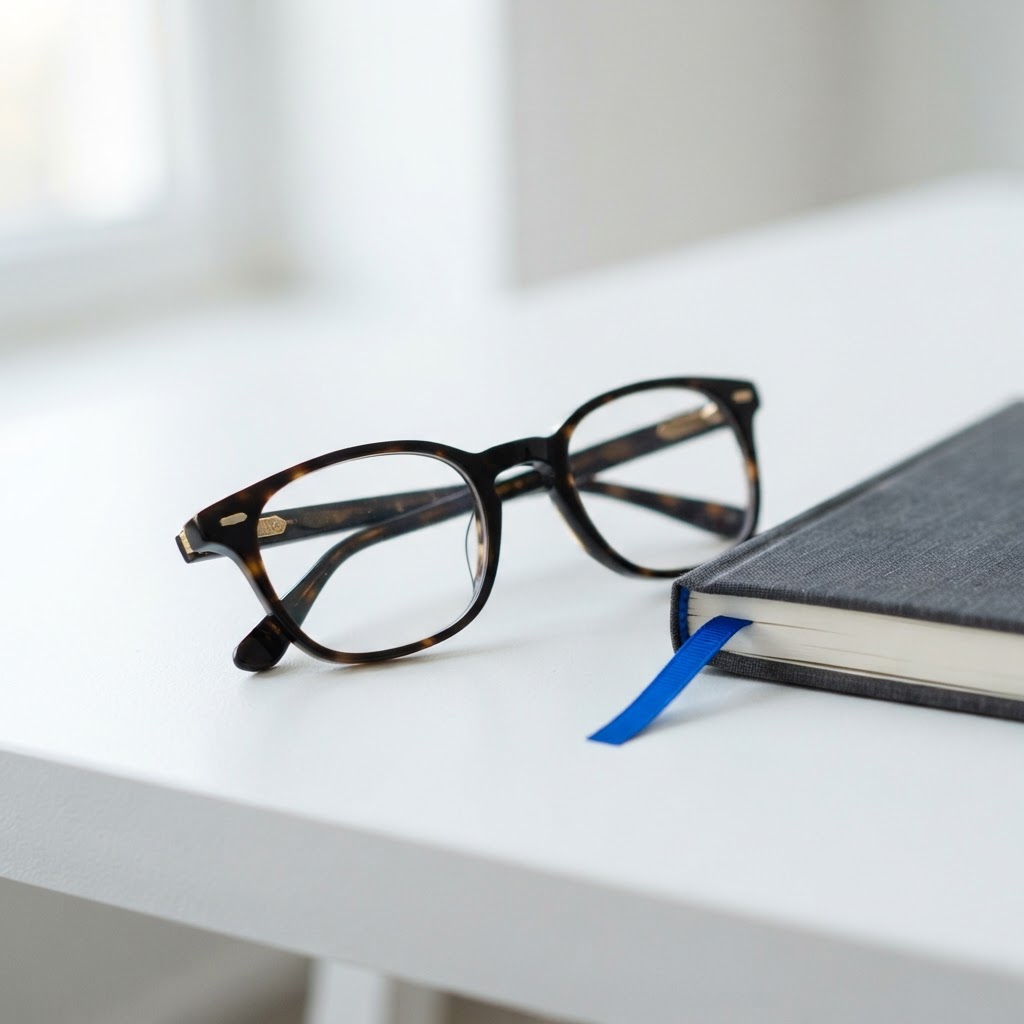 Designer glasses and a notebook with a blue bookmark