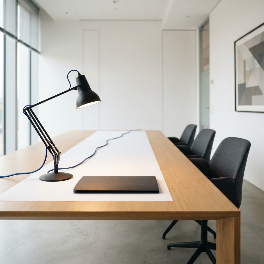 Minimalist conference table with a desk lamp and blue cable