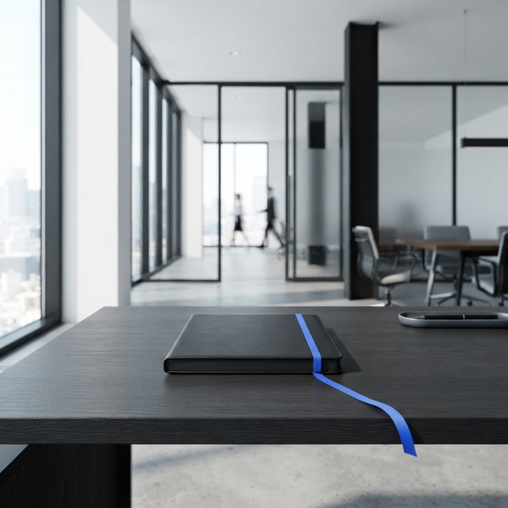 A high-end notebook with a blue bookmark on a dark desk in a modern office