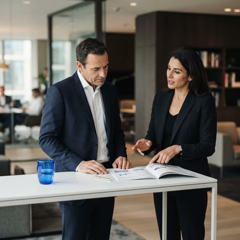 Two professionals collaborating in a clean modern office workspace